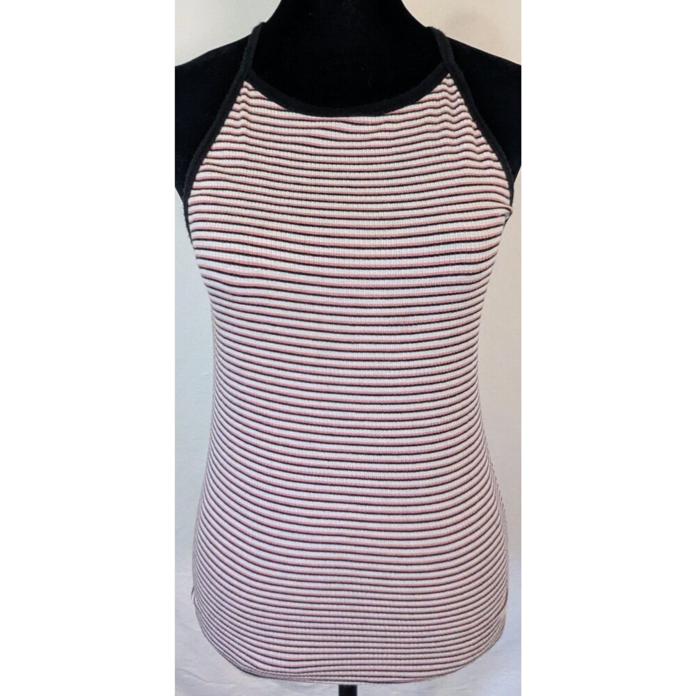 Love Charm Ribbed Striped Halter Neck Tank Top Medium Pink White Black